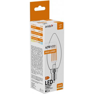 LED izzó - gyertya - AVIDE FILAMENT  E14 / 4,5W (EKV. 40W) 470LM / 4000K - Napi fehér